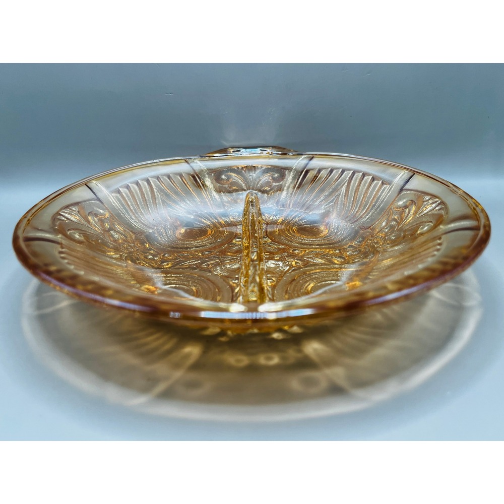 Amber Depression Glass Divided Relish Dish Tab Handle 8" Art Deco As Is Vtg
